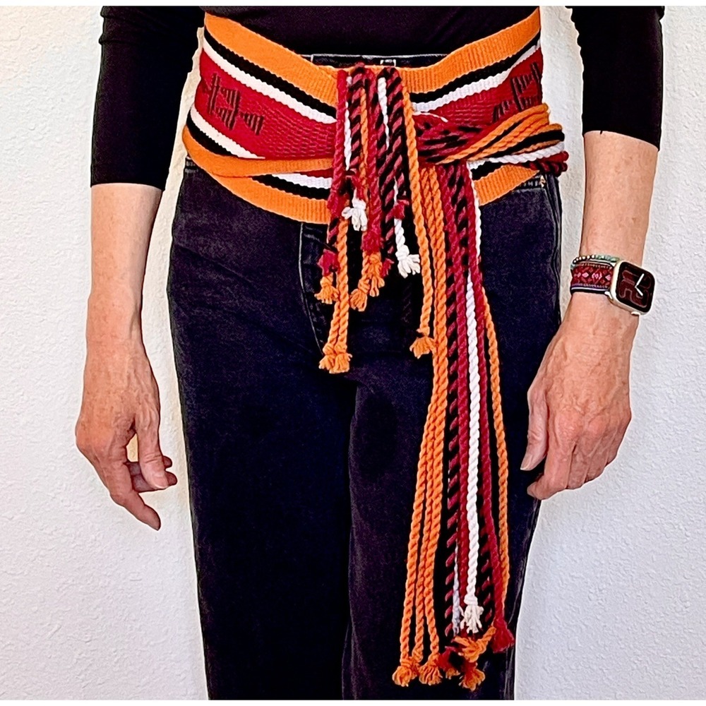 Vintage Navajo Woven Sash Belt 92" x 5" Wool‎ 1960s Ceremonial Fringe Hand Loom